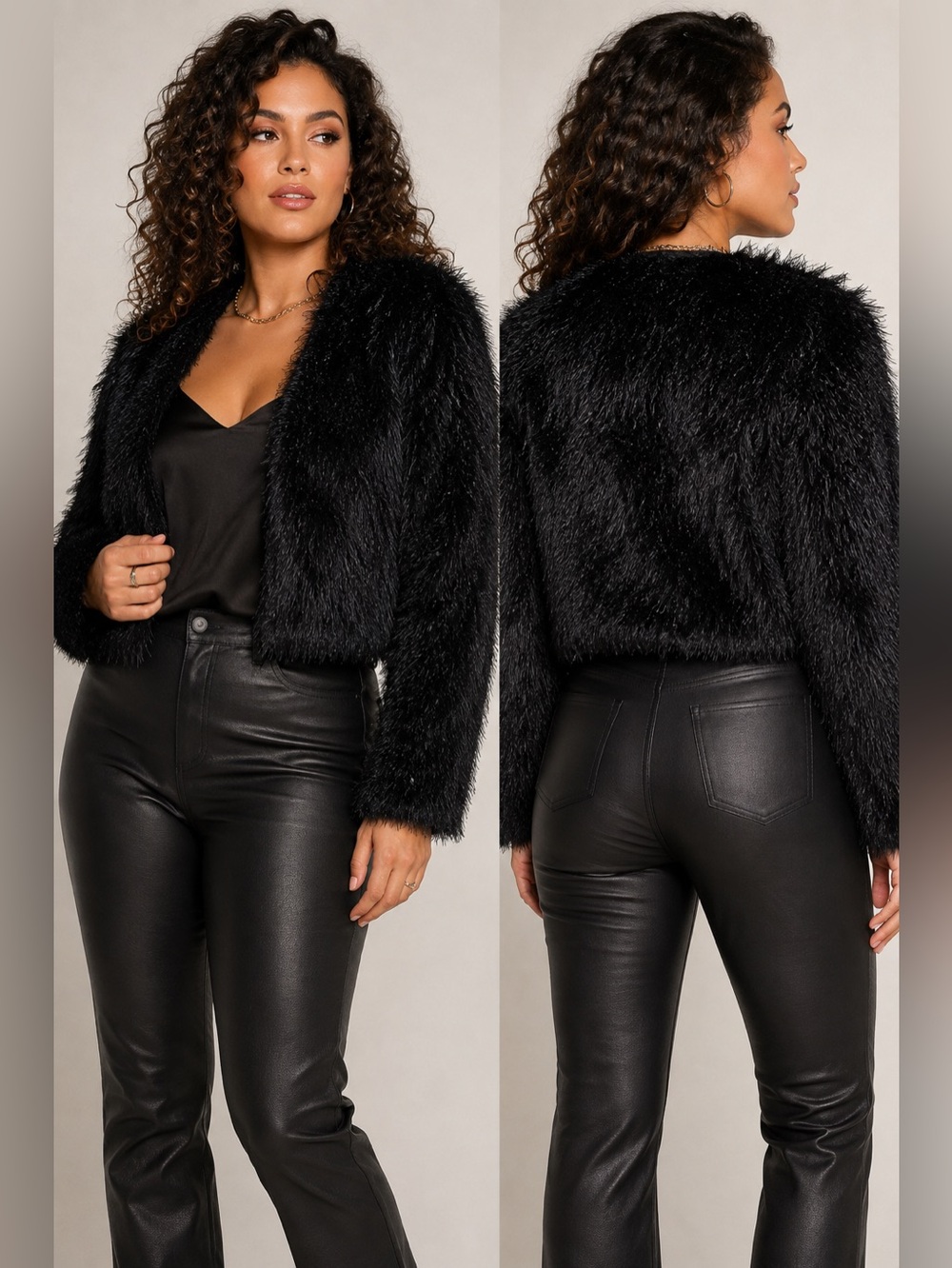 Black Rivet XL Black Shaggy Faux Fur Cropped Jacket Glam Party Y2K Mob Wife